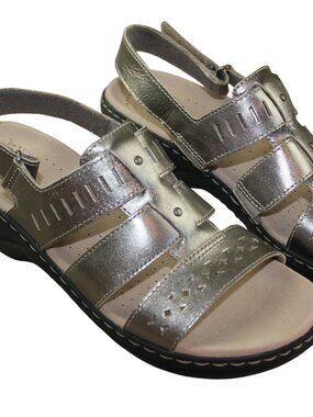 Clarks Collection Lexi Qwin Pewter Gold Leather Strappy Sandals Women Size 8.5 N